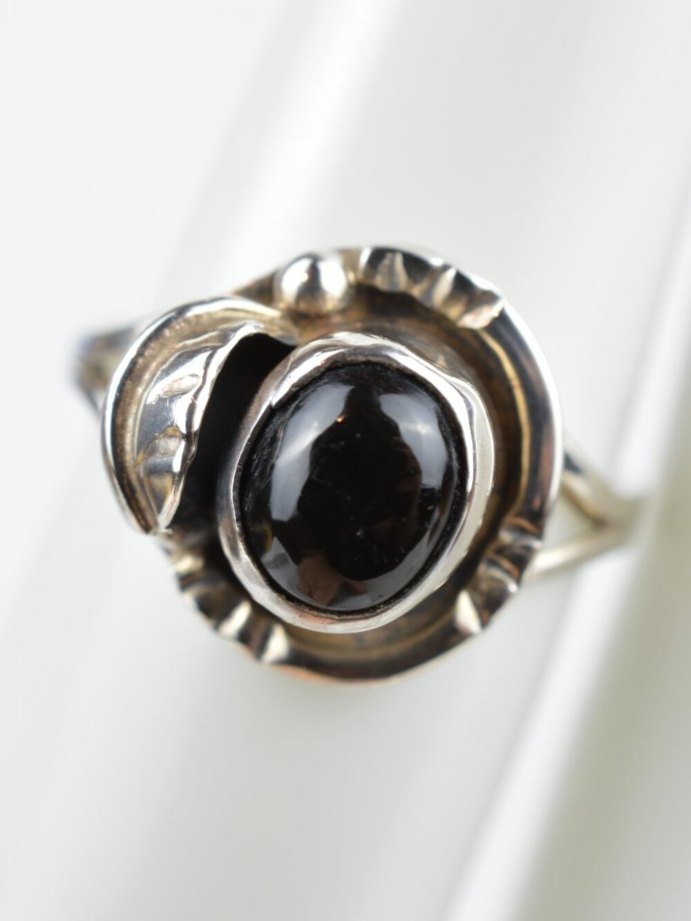 Vintage Mexican Sterling Silver Black Onyx Leaf Ring Size 6 GF-50 Linea 925 2.4g